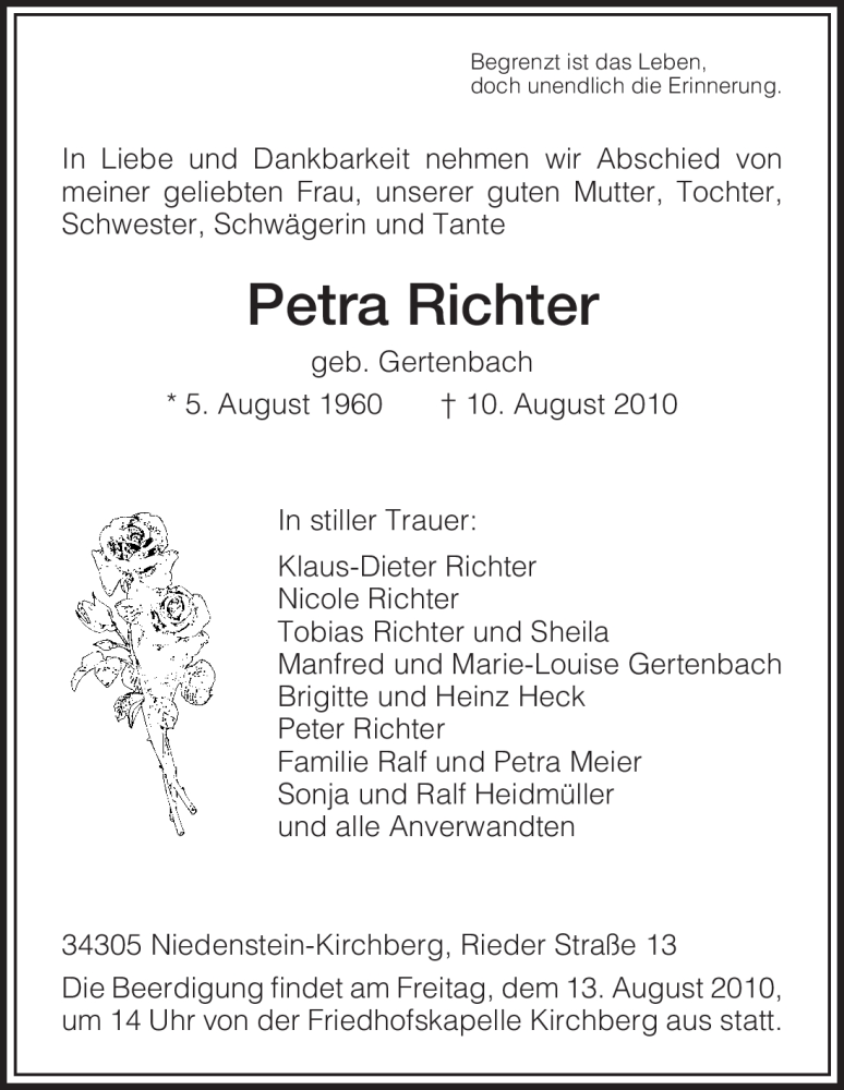 Traueranzeige für Petra Richter vom 12.08.2010 aus HNA