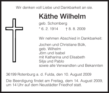 Traueranzeige von Käthe Wilhelm von HNA