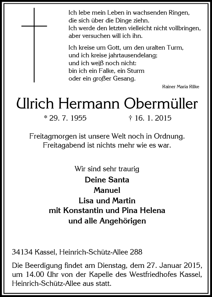  Traueranzeige für Ulrich Hermann Obermüller vom 22.01.2015 aus HNA