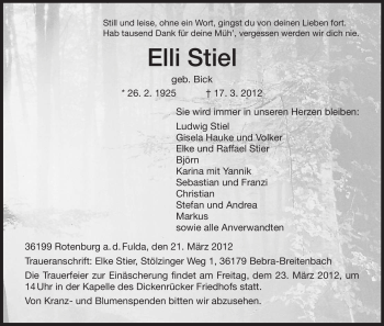 Traueranzeige von Elli Stiel von HNA
