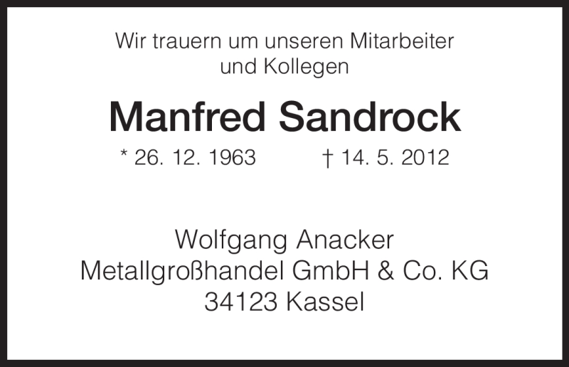  Traueranzeige für Manfred Sandrock vom 26.05.2012 aus HNA