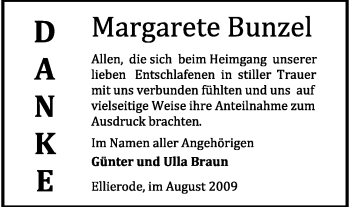 Traueranzeige von Margarete Bunzel von HNA