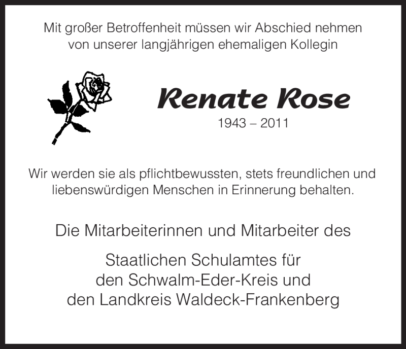  Traueranzeige für Renate Rose vom 15.10.2011 aus HNA