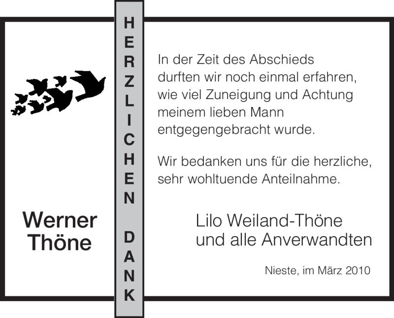  Traueranzeige für Werner Thöne vom 27.03.2010 aus HNA