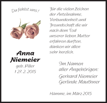 Traueranzeige von Anna Niemeier von HNA