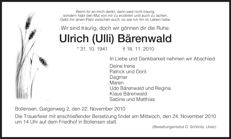  Traueranzeige für Ulrich Bärenwald vom 22.11.2010 aus HNA