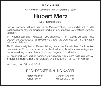 Traueranzeige von Hubert Merz von HNA