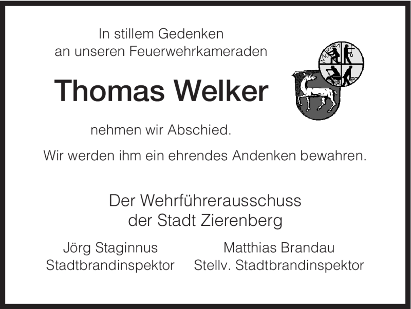  Traueranzeige für Thomas Welker vom 06.02.2009 aus HNA