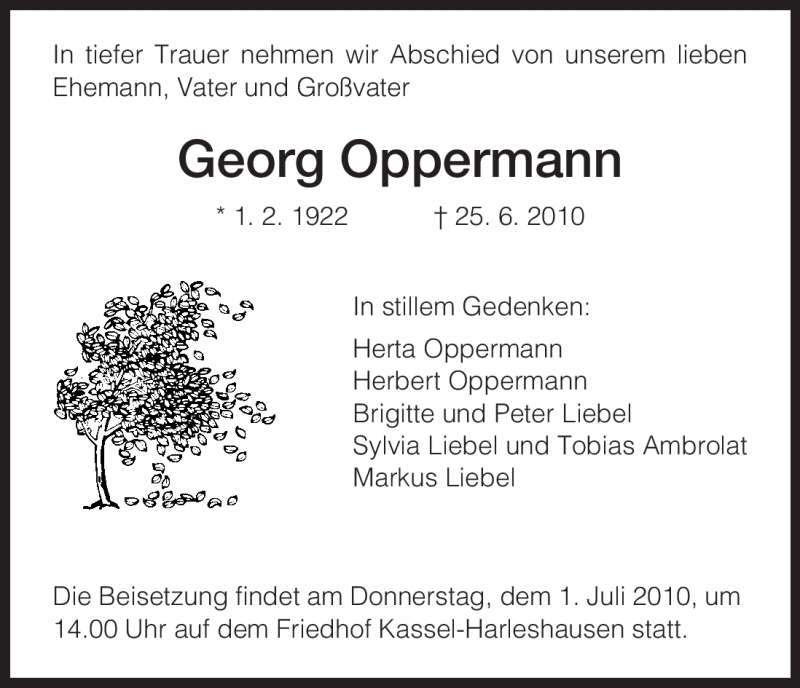  Traueranzeige für Georg Oppermann vom 28.06.2010 aus HNA