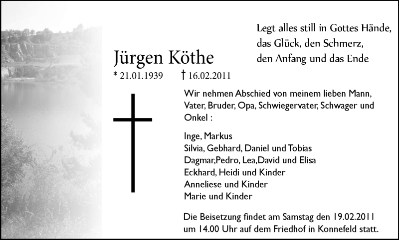  Traueranzeige für Jürgen Köthe vom 18.02.2011 aus HNA