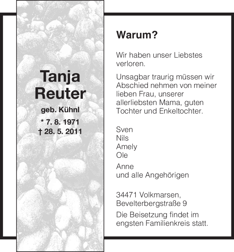  Traueranzeige für Tanja Reuter vom 30.05.2011 aus HNA