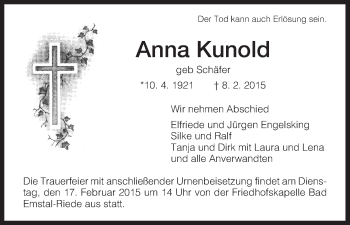 Traueranzeige von Anna Kunold von HNA