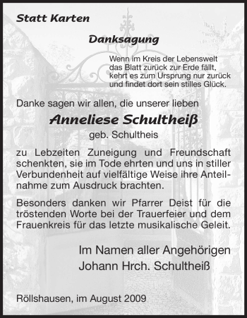 Traueranzeige von Anneliese Schultheiß von HNA