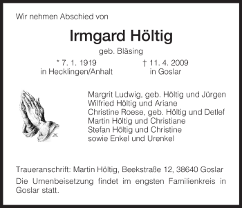 Traueranzeige von Irmgard Höltig von HNA