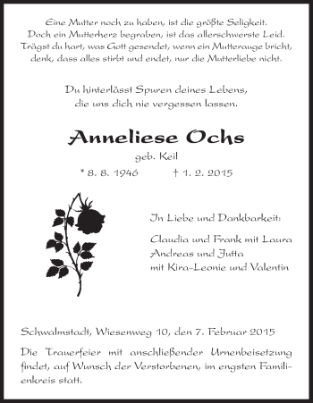 Traueranzeige von Anneliese Ochs von HNA