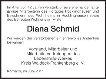 Traueranzeige von Diana Schmid von HNA