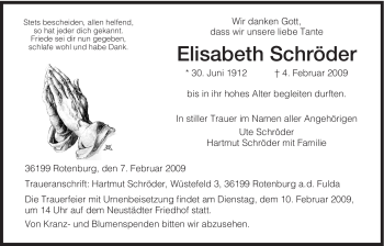 Traueranzeige von Elisabeth Schröder von HNA