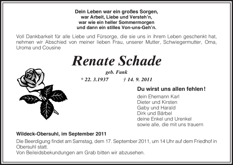  Traueranzeige für Renate Schade vom 16.09.2011 aus HNA