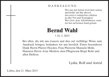 Traueranzeige von Bernd Wahl von HNA
