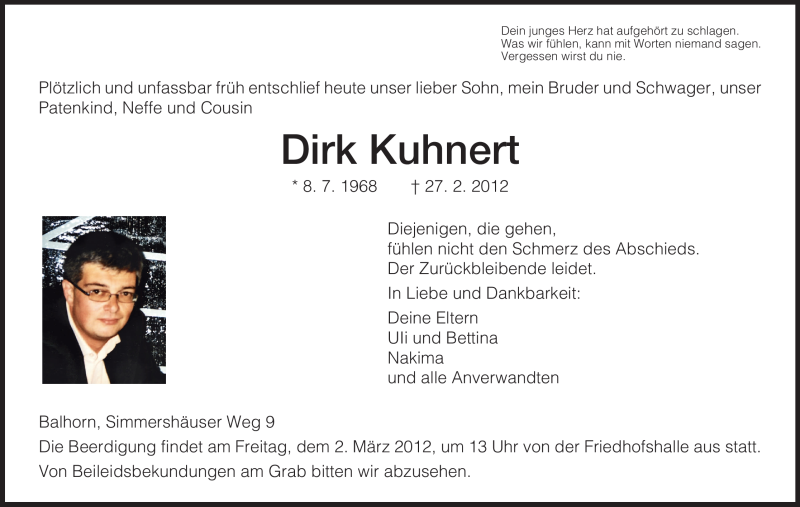  Traueranzeige für Dirk Kuhnert vom 29.02.2012 aus HNA
