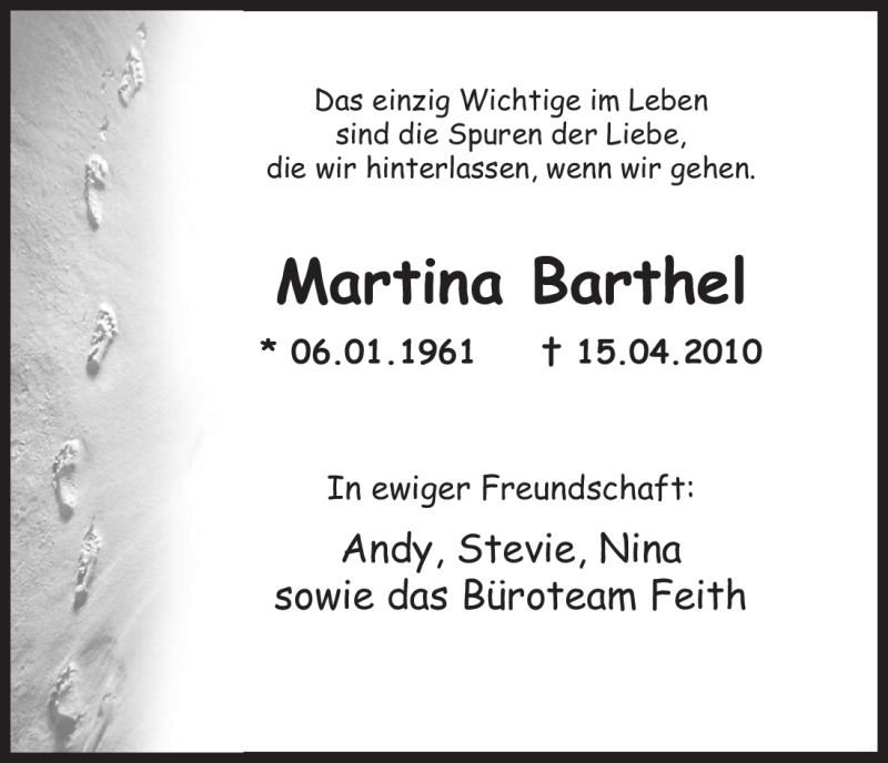  Traueranzeige für Martina Barthel vom 30.04.2010 aus HNA