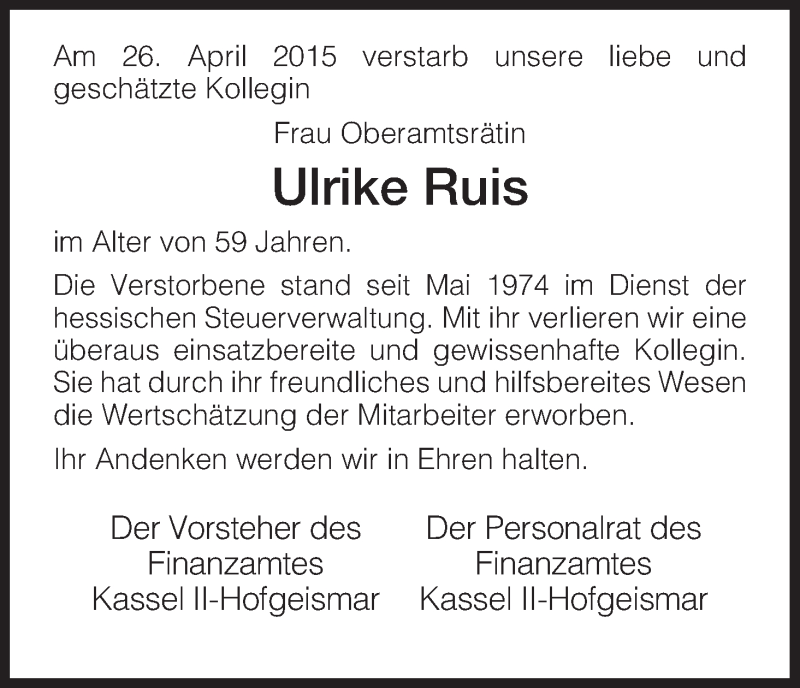  Traueranzeige für Ulrike Ruis vom 04.05.2015 aus HNA