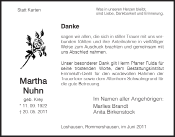 Traueranzeige von Martha Nuhn von HNA