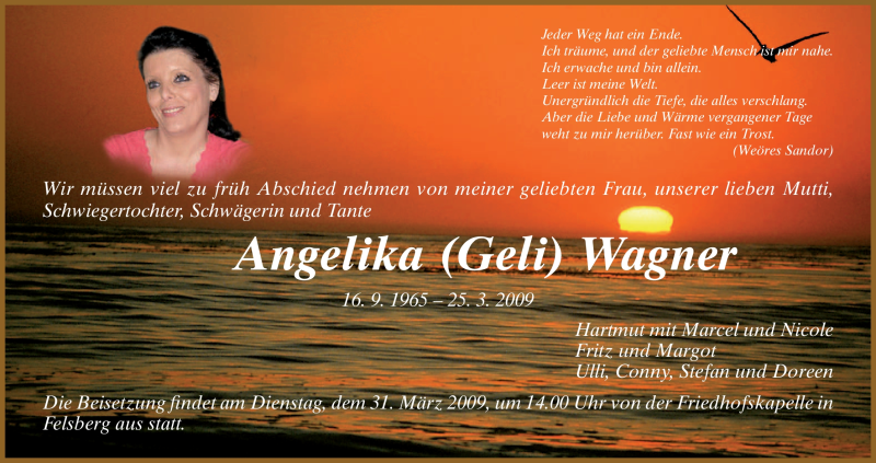  Traueranzeige für Angelika Wagner vom 28.03.2009 aus HNA