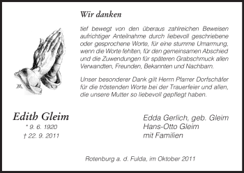 Traueranzeige von Edith Gleim von HNA