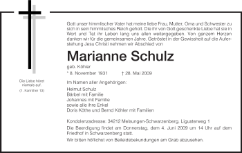 Traueranzeige von Marianne Schulz von HNA