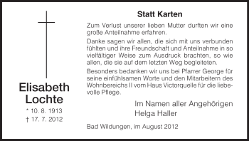 Traueranzeige von Elisabeth Lochte von HNA