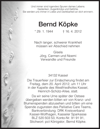 Traueranzeige von Bernd Köpke von HNA