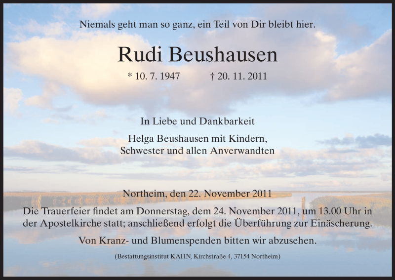  Traueranzeige für Rudi Beushausen vom 22.11.2011 aus HNA