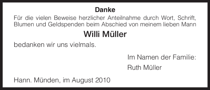  Traueranzeige für Willi Müller vom 11.09.2010 aus HNA