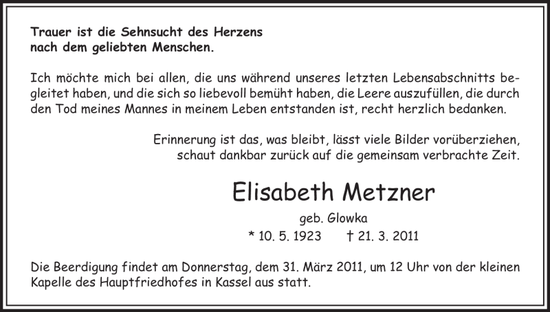  Traueranzeige für Elisabeth Metzner vom 29.03.2011 aus HNA