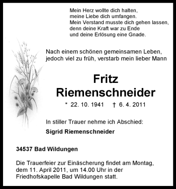 Traueranzeige von Fritz Riemenschneider von HNA