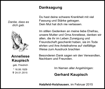 Traueranzeige von Anneliese Kaupisch von HNA