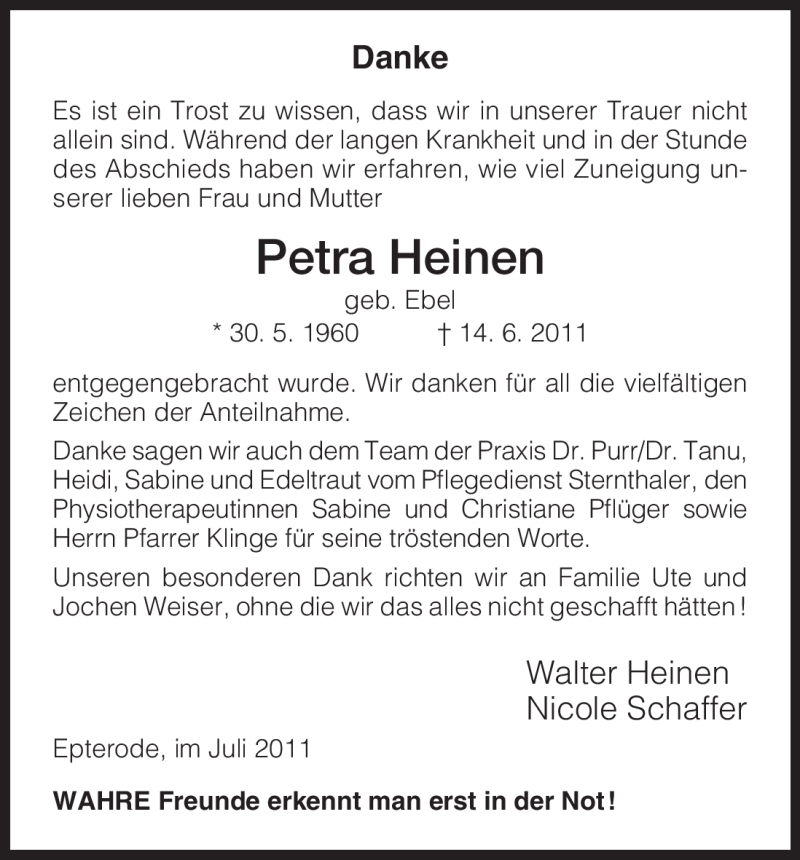  Traueranzeige für Petra Heinen vom 16.07.2011 aus HNA