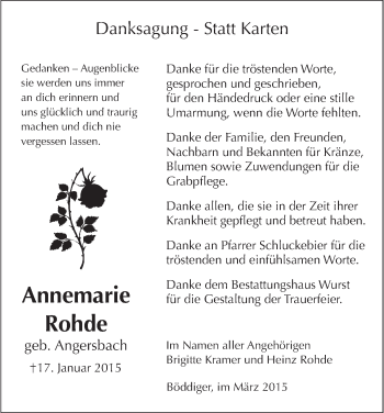 Traueranzeige von Annemarie Rohde von HNA