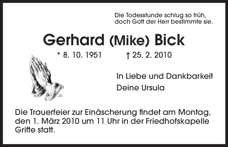  Traueranzeige für Gerhard Bick vom 27.02.2010 aus HNA