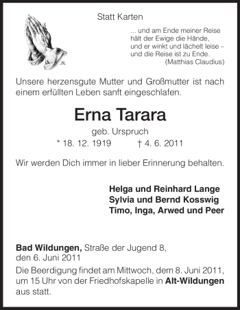 Traueranzeige von Erna Tarara von HNA
