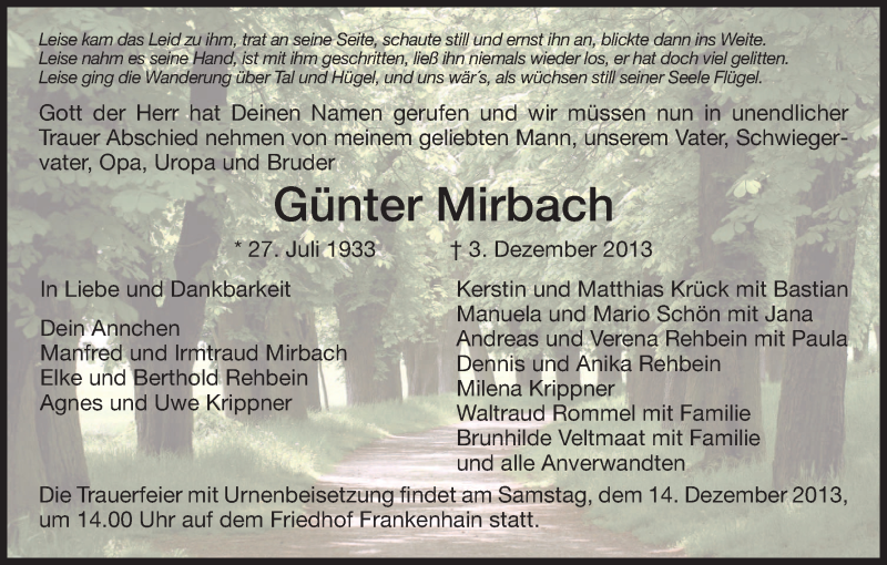  Traueranzeige für Günter Mirbach vom 11.12.2013 aus HNA