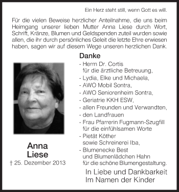 Traueranzeige von Anna Liese von HNA