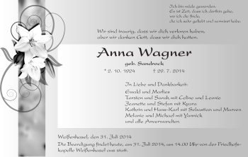 Traueranzeige von Anna Wagner von HNA