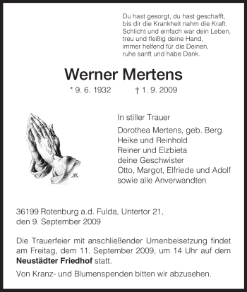 Traueranzeige von Werner Mertens von HNA