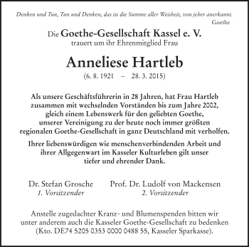 Traueranzeige von Anneliese Hartleb von HNA