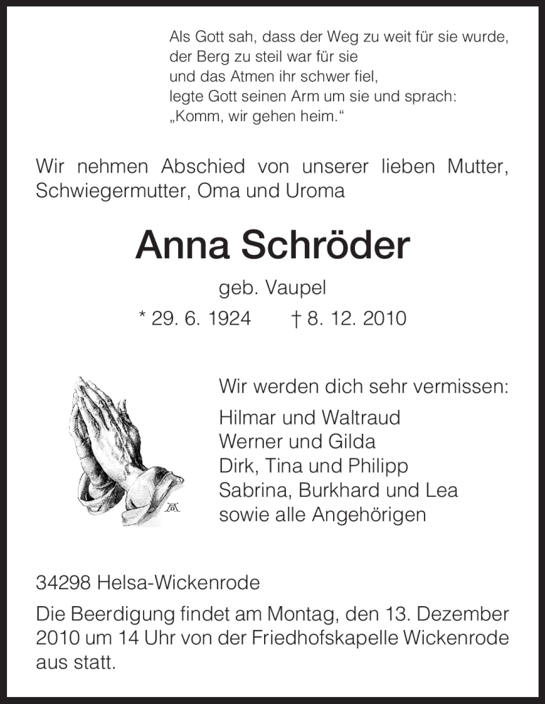  Traueranzeige für Anna Schröder vom 10.12.2010 aus HNA