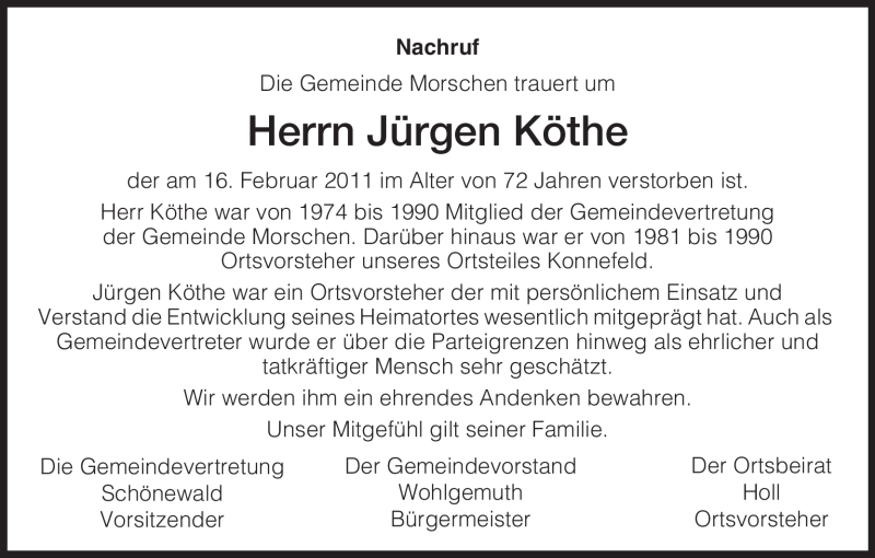  Traueranzeige für Jürgen Köthe vom 19.02.2011 aus HNA
