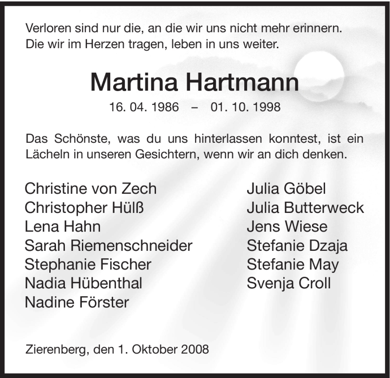  Traueranzeige für Martina Hartmann vom 01.10.2008 aus HNA