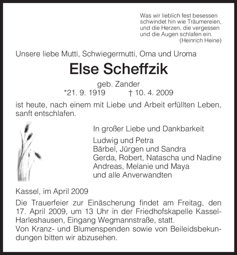  Traueranzeige für Else Scheffzik vom 14.04.2009 aus HNA